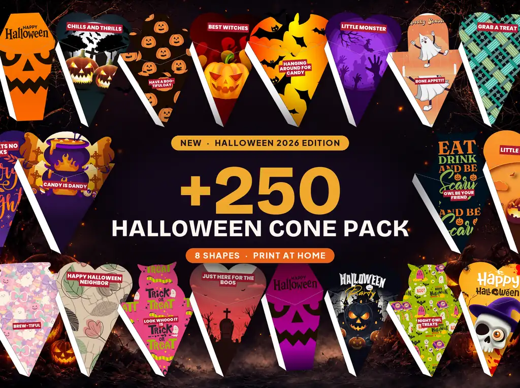 Assembled Halloween cones in the eight shapes included in the pack